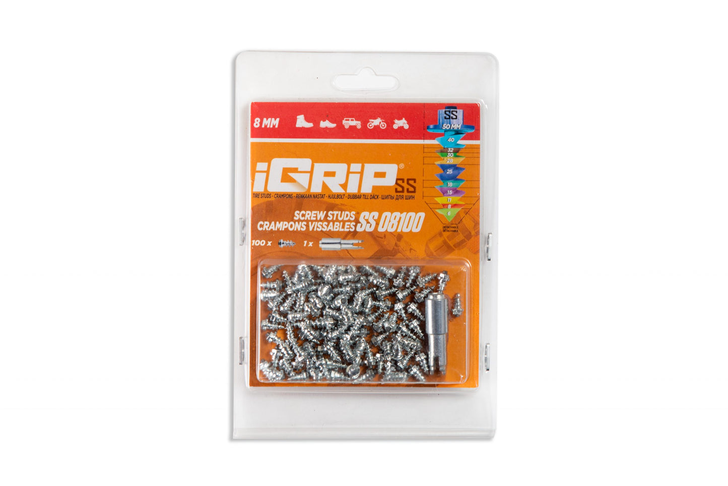 SS-08 iGrip 8mm shouldered tire studs providing durable traction and control on icy and snowy terrain